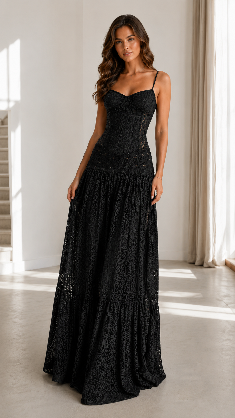 Front view of black lace-look maxi dress with sweetheart neckline and slim straps