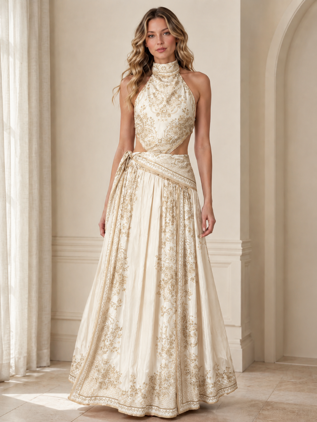 Front view of champagne halter maxi dress with ornate print and full flowing skirt
