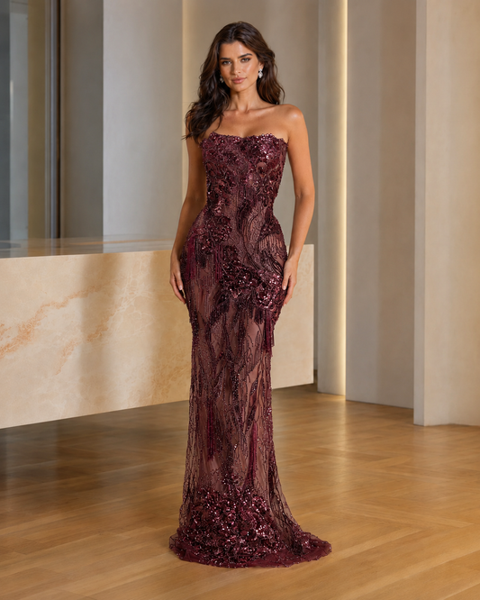 Burgundy strapless embellished mermaid formal gown front view