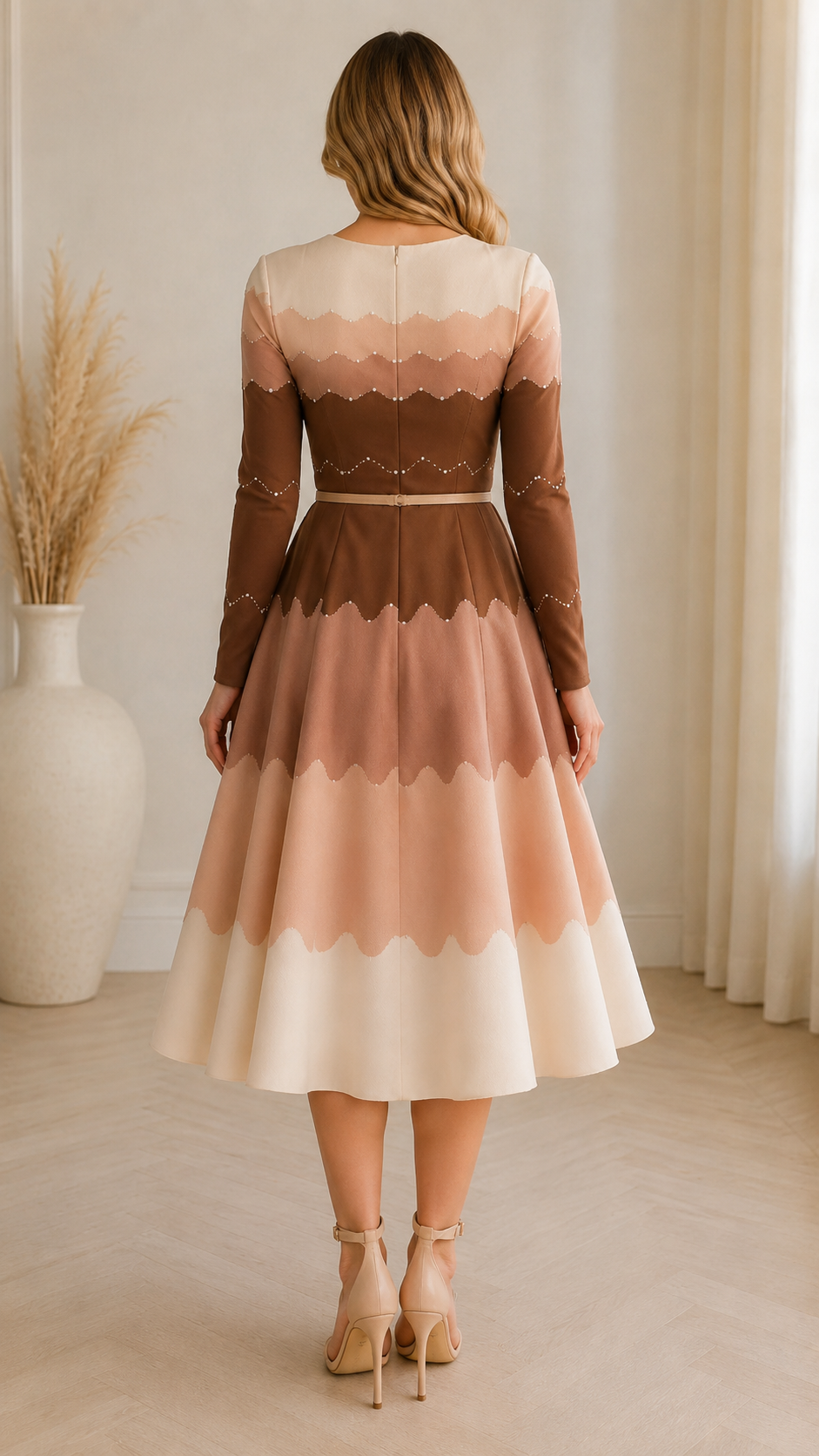 Back view of mocha scalloped colorblock long sleeve belted midi dress