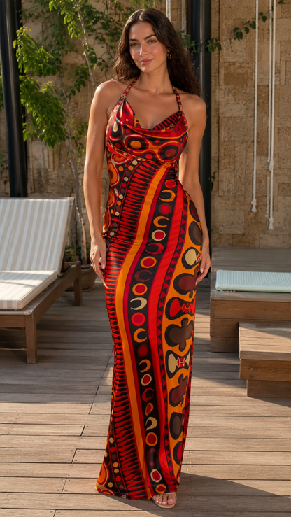 Front view of red abstract print halter cowl neck maxi dress