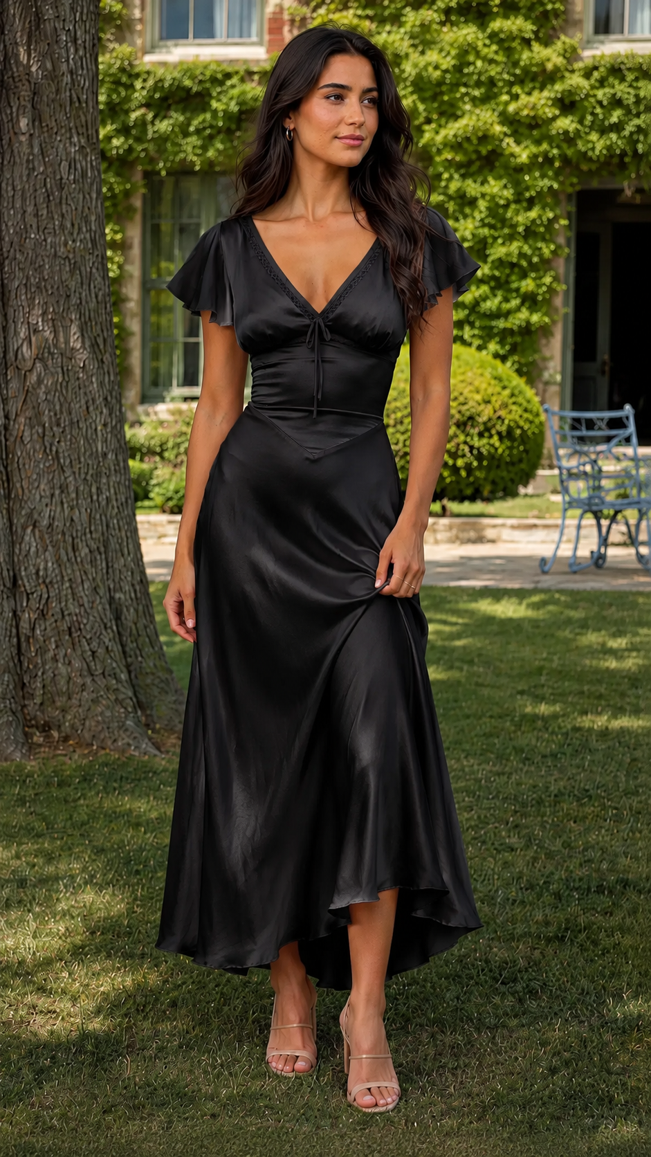 Black satin-style flutter sleeve midi dress with flowing skirt front view