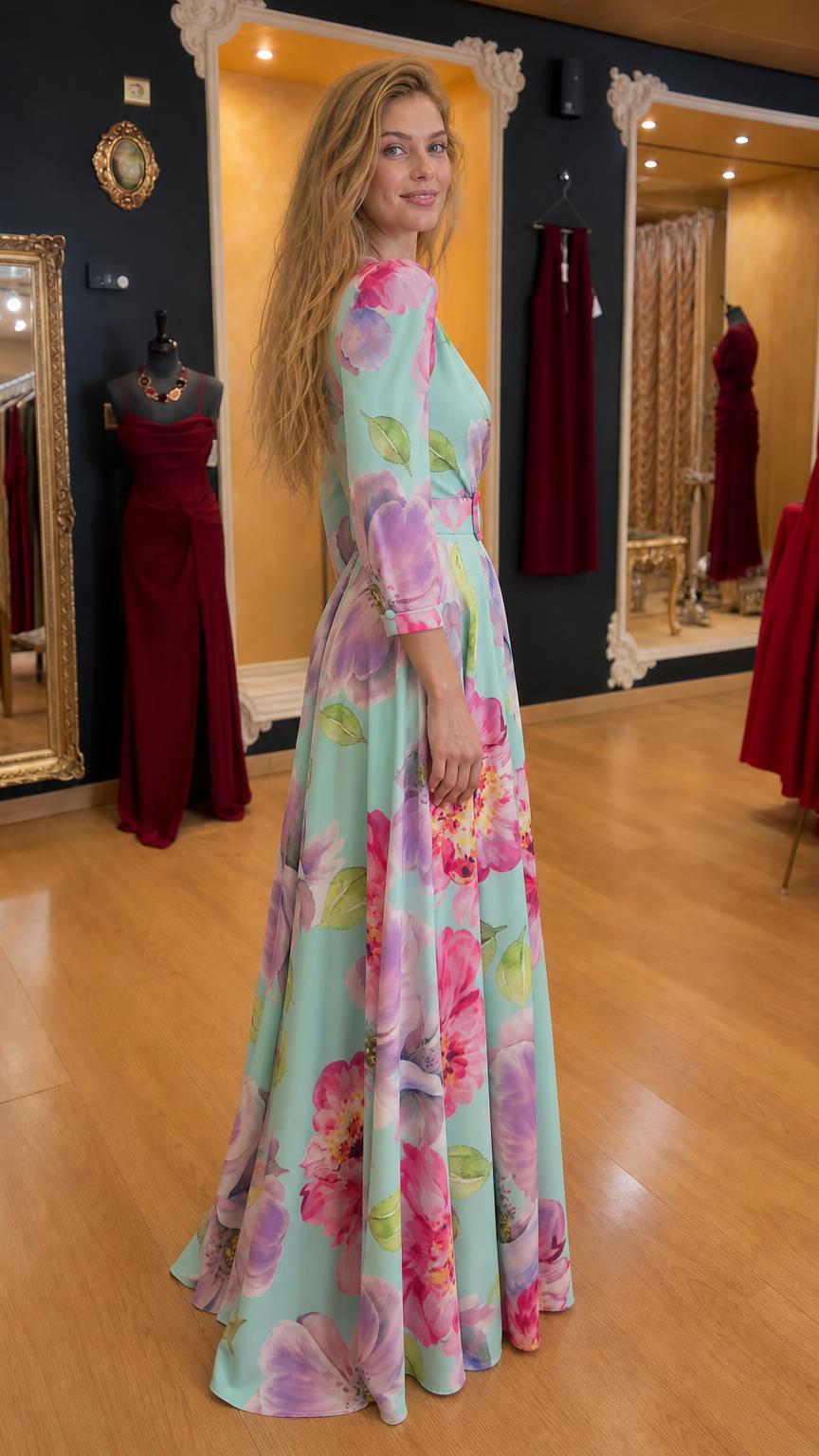 Side view of mint floral maxi dress