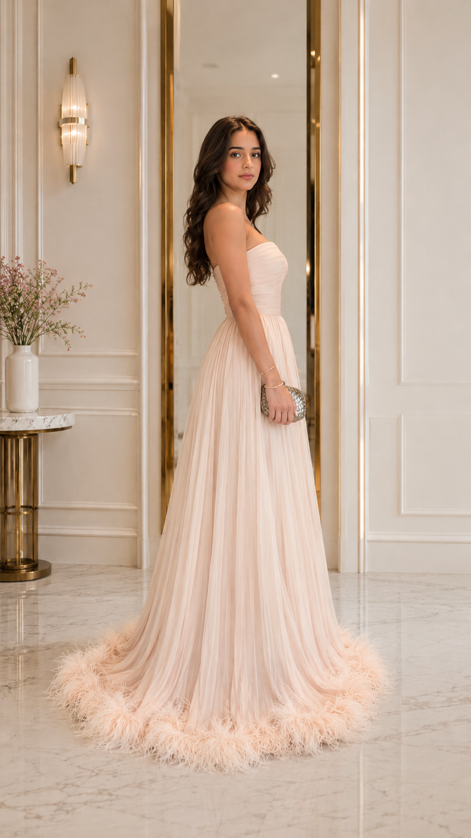 Side view of blush strapless floor-length formal gown with flowing pleated skirt