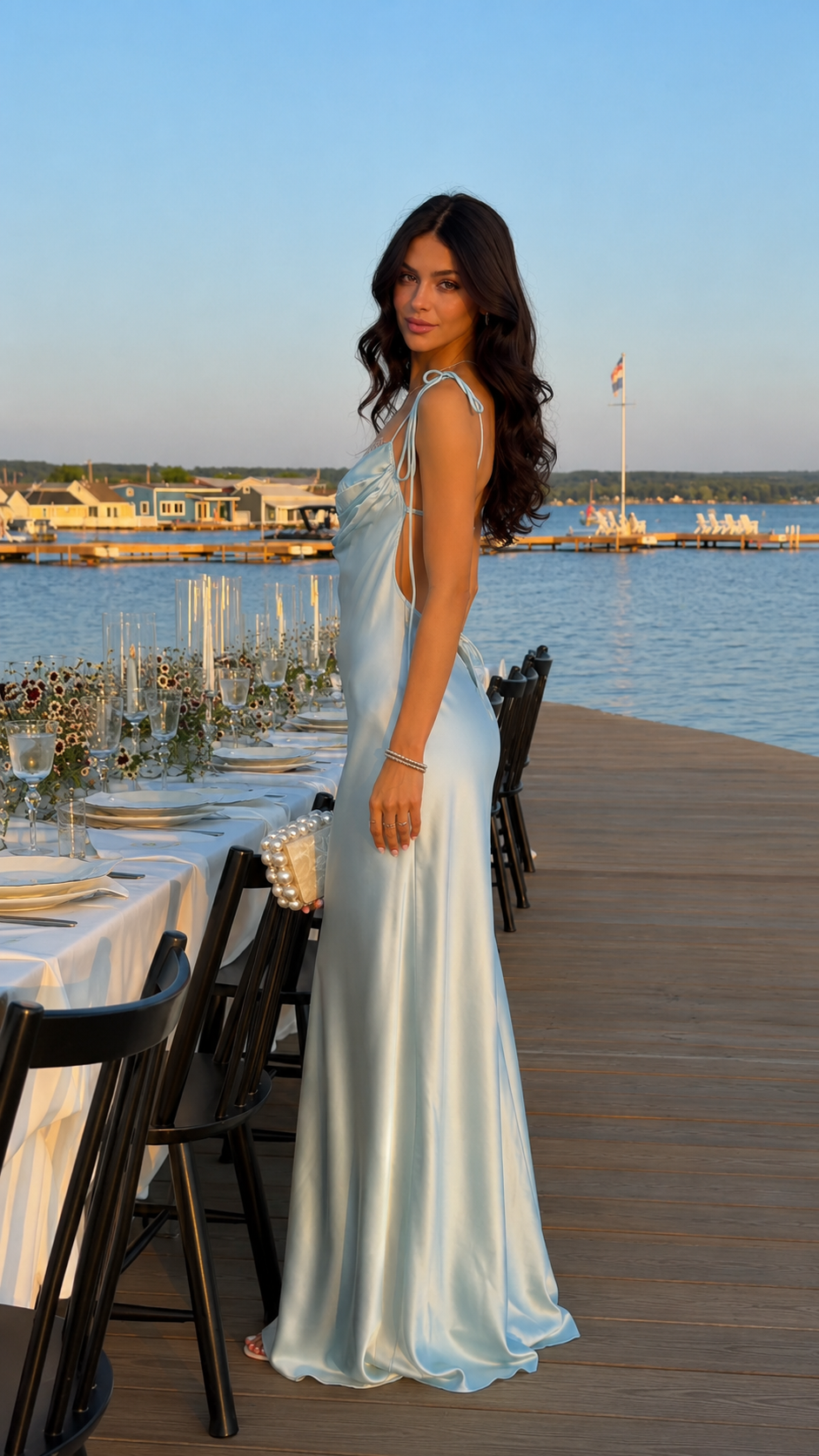 Side view of ice blue floor-length satin-look dress with slim silhouette
