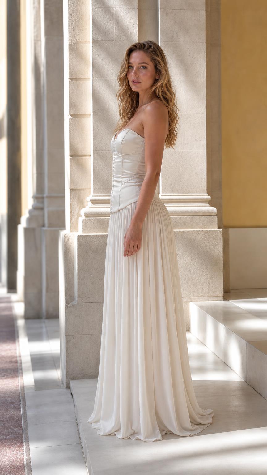 Model wearing Champagne corset pleated maxi dress side view