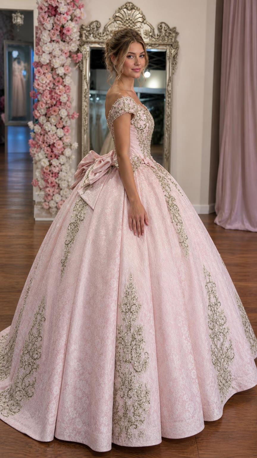 Side profile of pink quinceañera dress with dramatic bow
