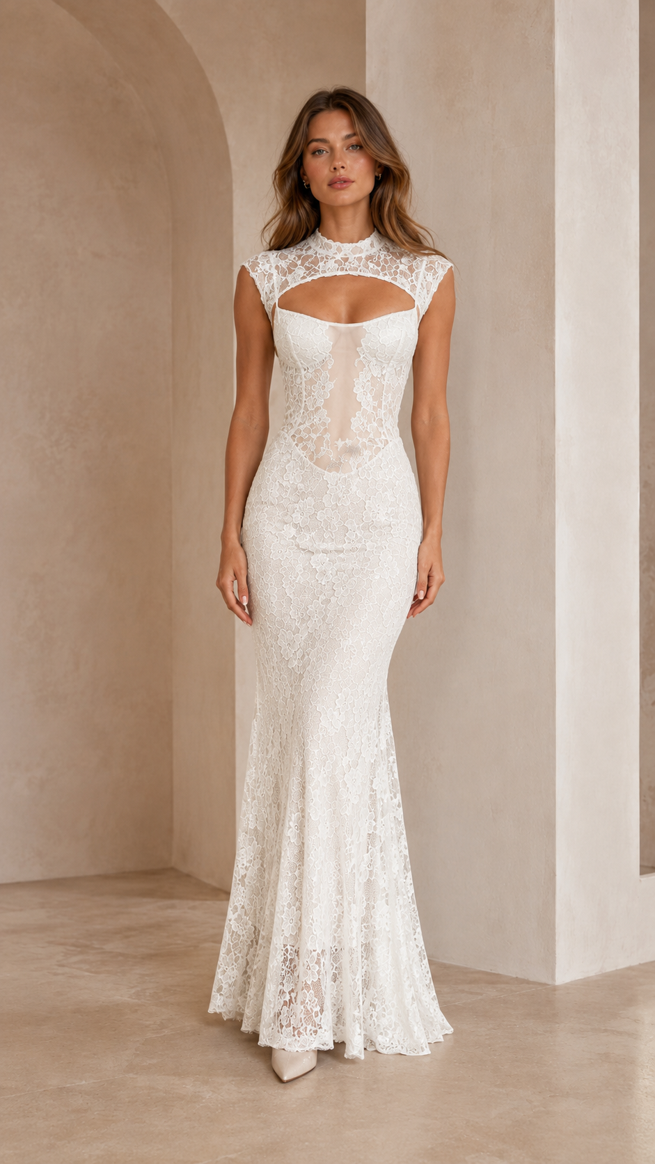 White lace mermaid maxi dress with sheer panel and cap sleeves