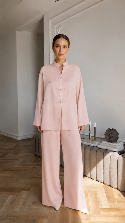 Women's blush pink mandarin collar two-piece lounge set with wide leg pants front view