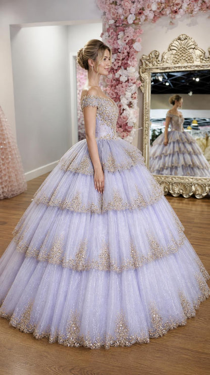Side profile view of lavender ball gown