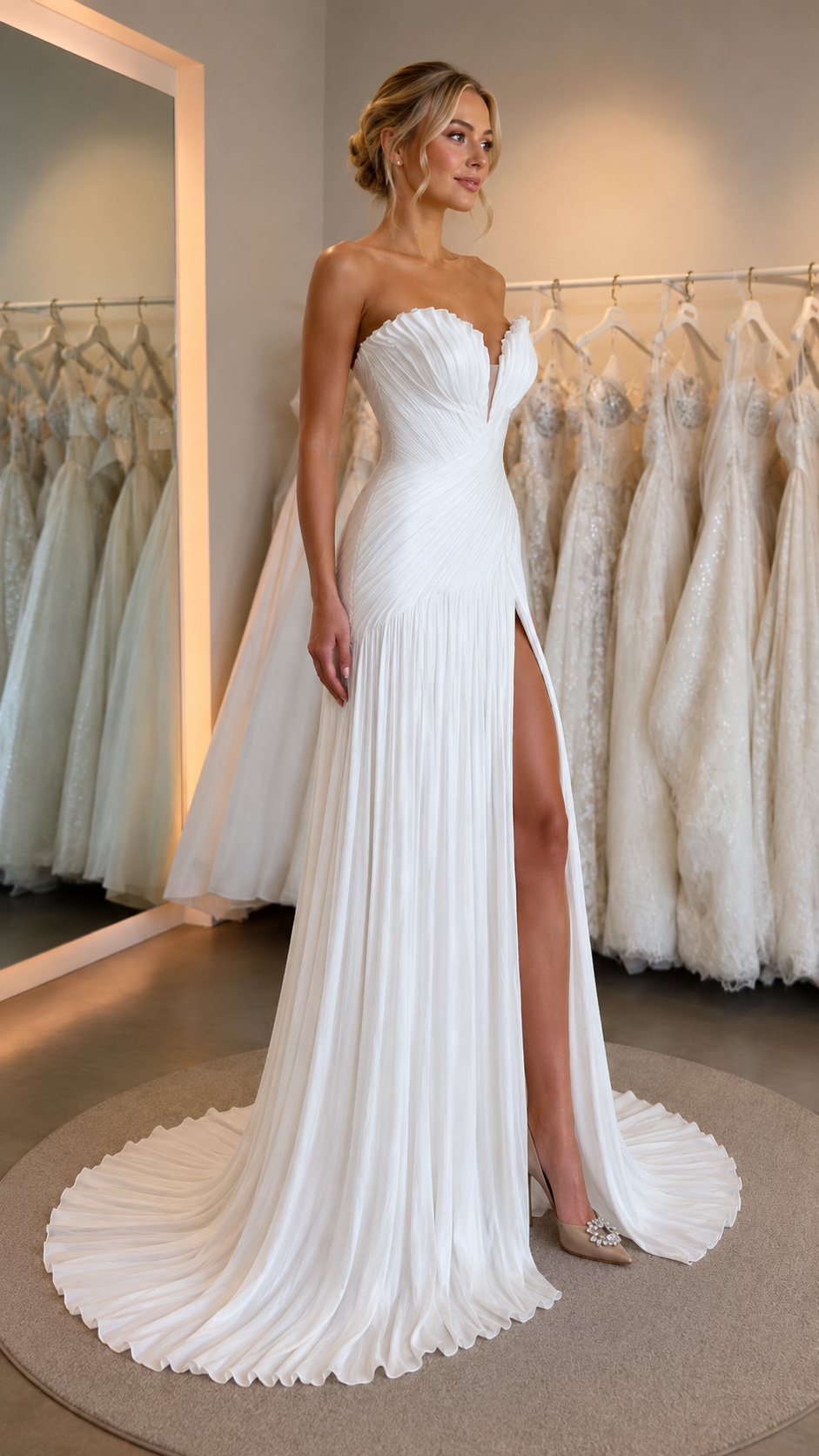 Angled front view of white pleated strapless evening gown with thigh slit