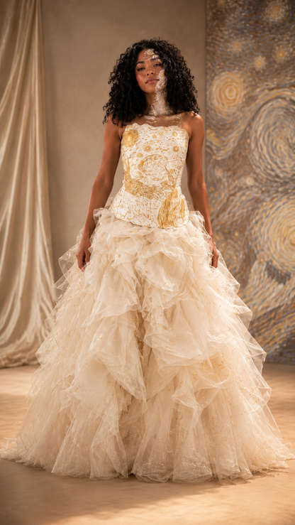 Ivory strapless ball gown with printed fitted bodice and voluminous ruffle skirt front view