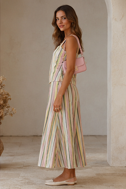 Side view of pastel striped sleeveless top and flowy wide-leg pants set