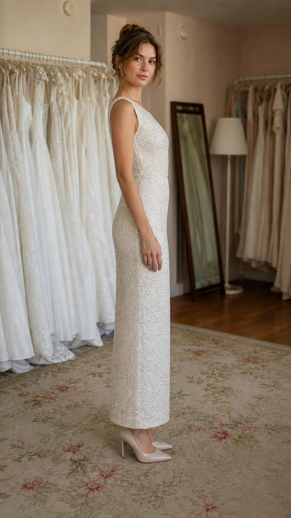 Side profile of ivory sequin evening column dress