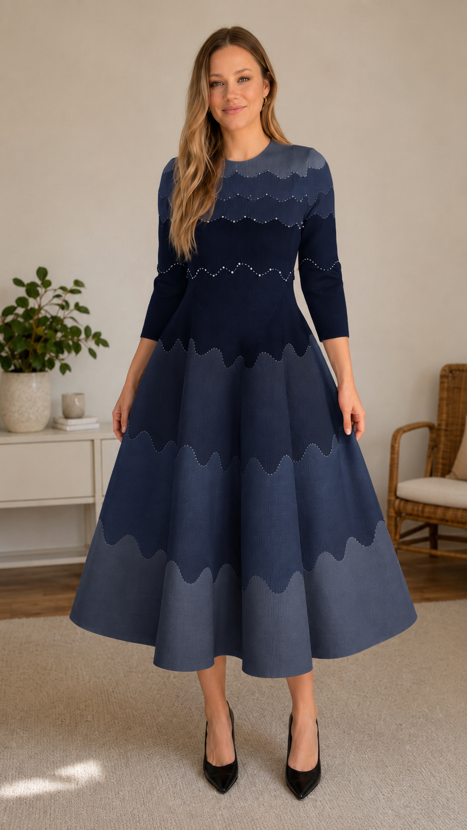 Front view of navy scalloped colorblock midi fit and flare dress with full skirt