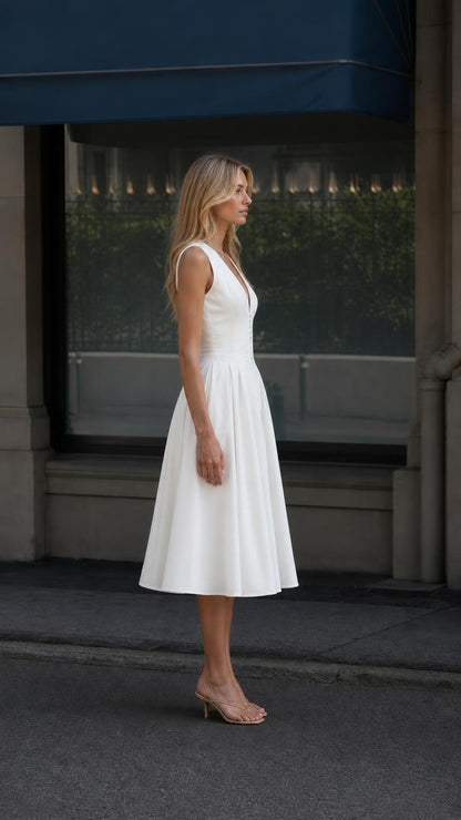 Side profile view of the white midi dress