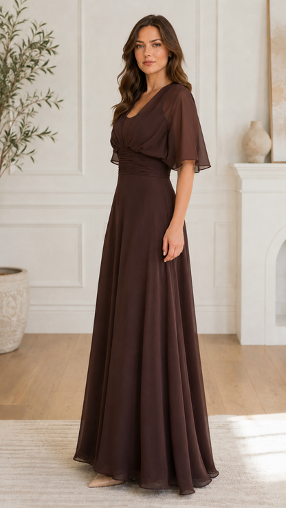Front angled view of chocolate brown flutter sleeve maxi dress