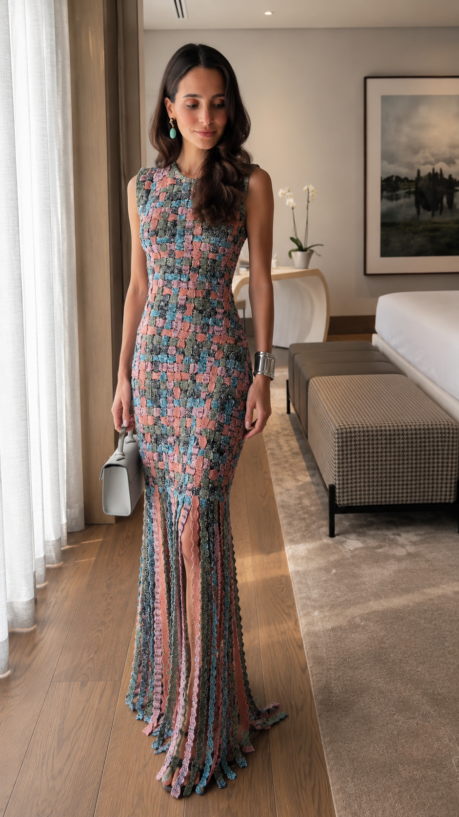 Angled front view of a multicolor fitted maxi dress with round neckline and flowing fringe hem