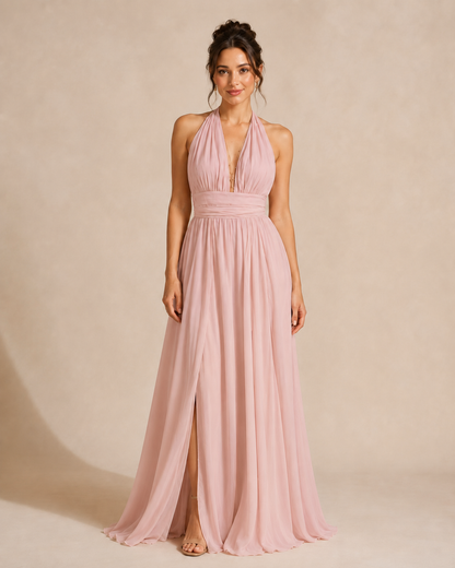 Full-length front view of dusty pink halter maxi dress with deep neckline and front slit