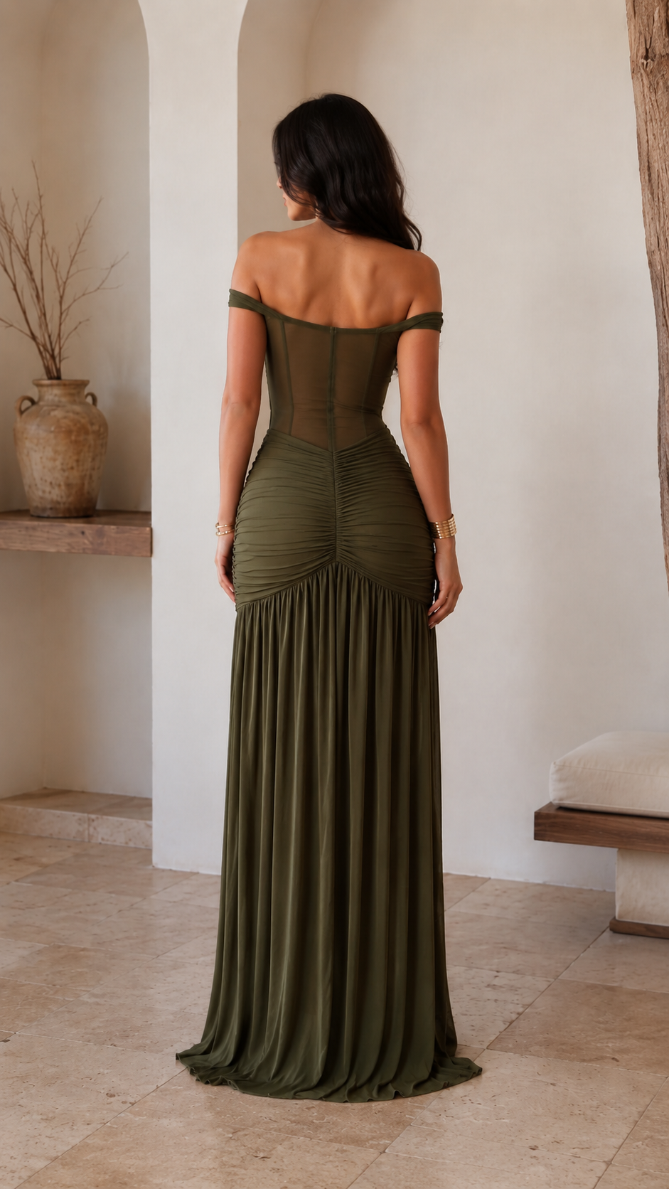 Olive off shoulder ruched mermaid maxi dress back view