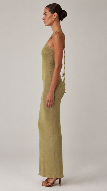 Side view of olive beaded strap fitted maxi dress