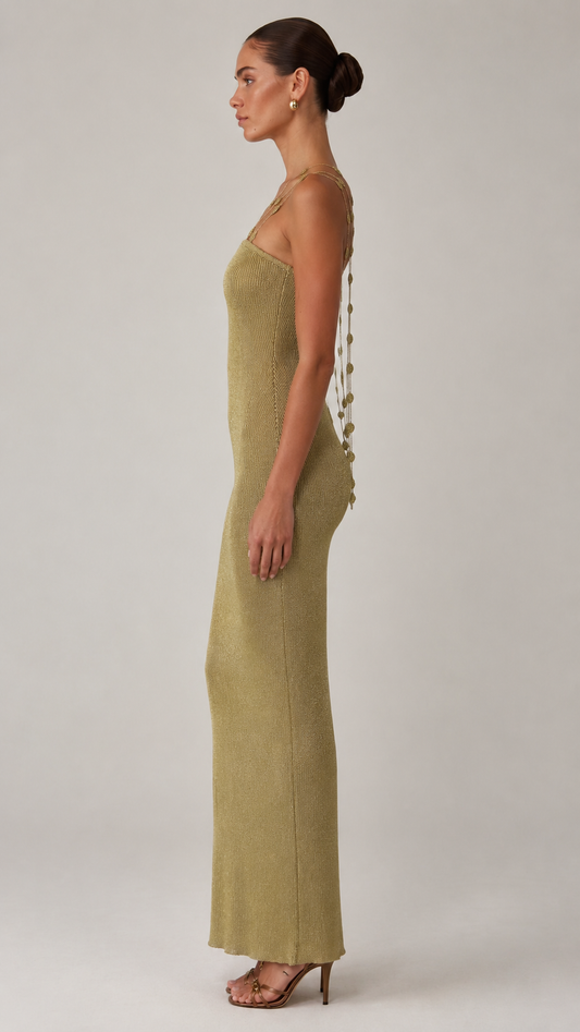 Side view of olive beaded strap fitted maxi dress