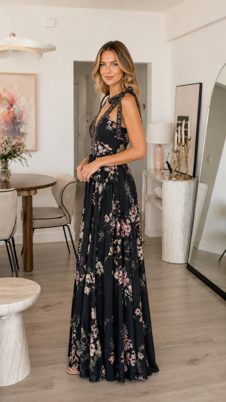 Side view of black floral sleeveless maxi dress with shoulder bows and flowing skirt