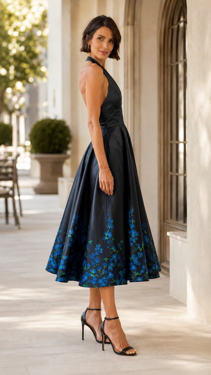 Side view of black halter fit and flare midi dress with floral hem