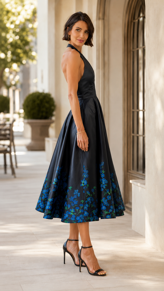 Side view of black halter fit and flare midi dress with floral hem