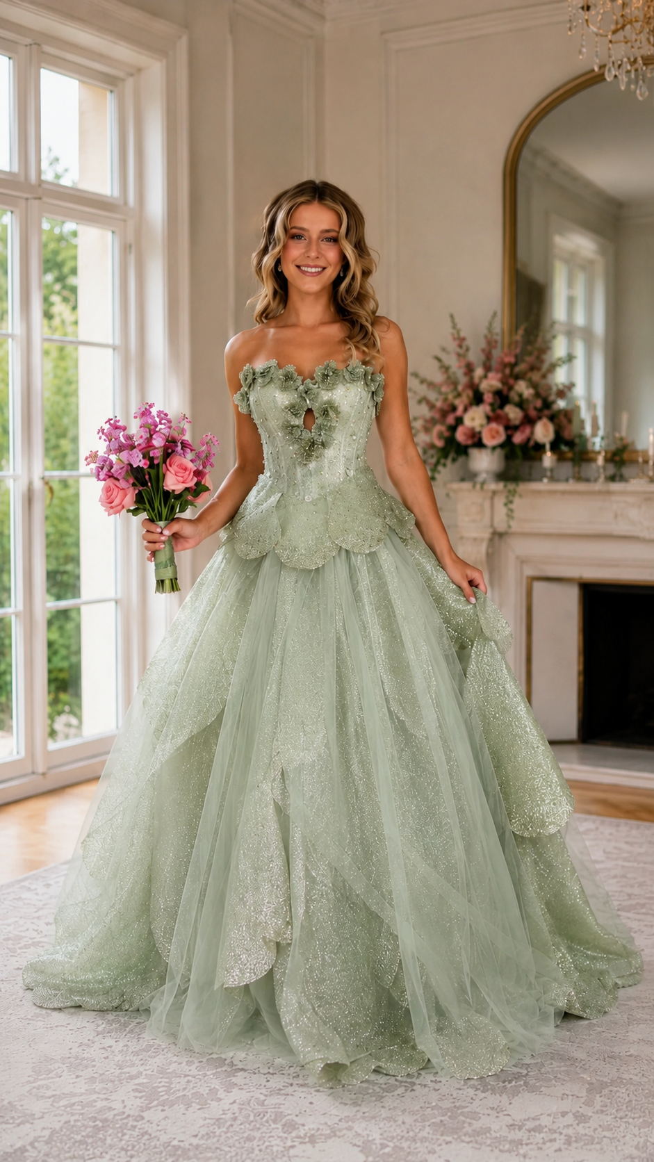 Front view of sage green strapless embellished ball gown with full tulle skirt