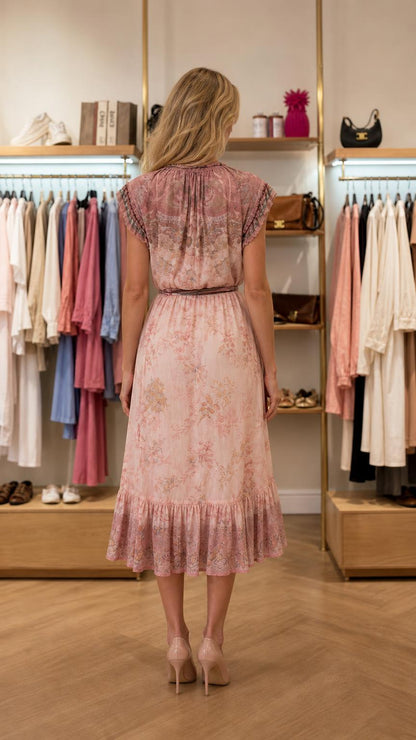 Back view of pink floral midi dress
