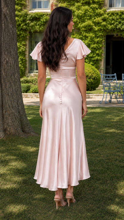 Back view of blush pink satin-style midi dress with flutter sleeves and flowing hem