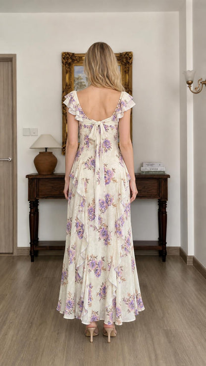 Floral Print Ruffled Maxi Dress in Ivory back view