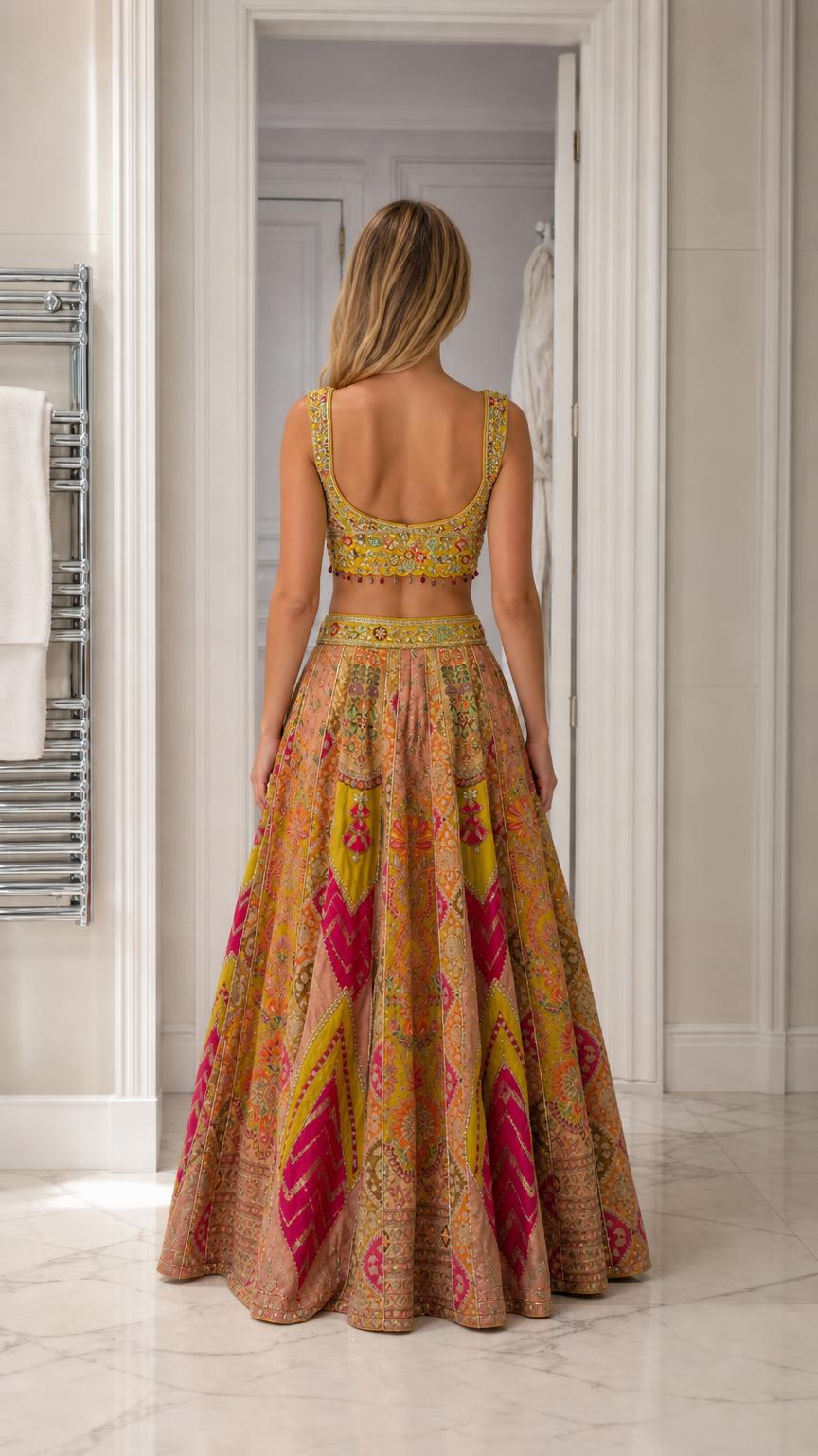 Back view of woman showcasing the embroidered blouse back and flared skirt