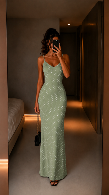 Sage green polka dot fitted maxi slip dress front view