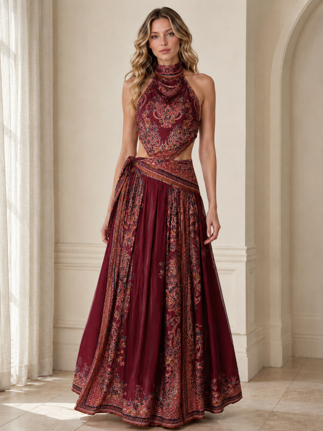Front view of burgundy printed halter cutout maxi dress with draped wrap waist