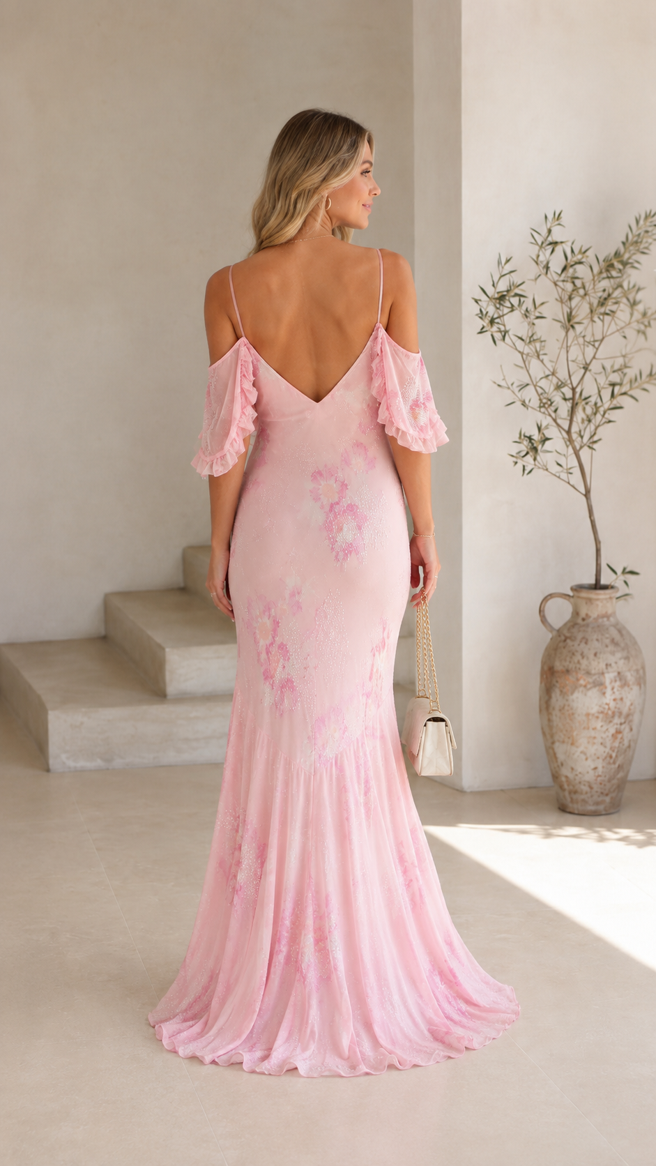 Blush pink floral maxi dress back view with low V-back