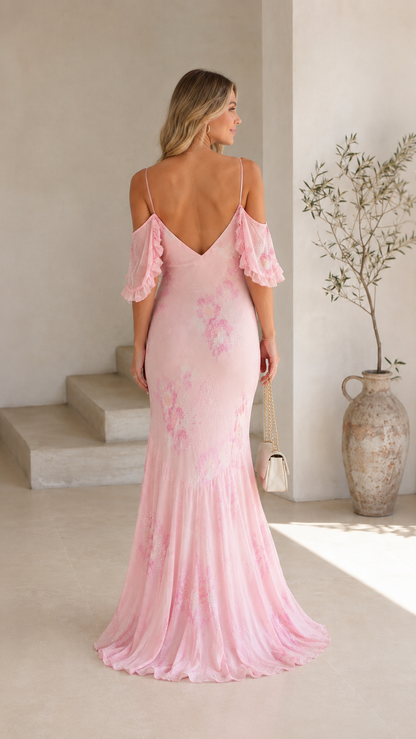 Blush pink floral maxi dress back view with low V-back