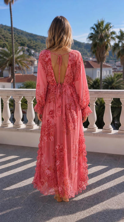 Back view showcasing open back and tie detail of pink dress