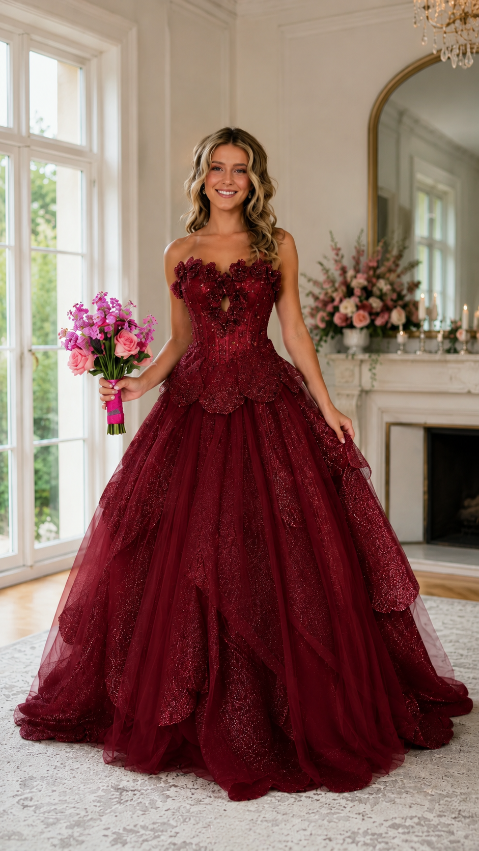 Front view of burgundy strapless formal ball gown with glitter texture and layered skirt