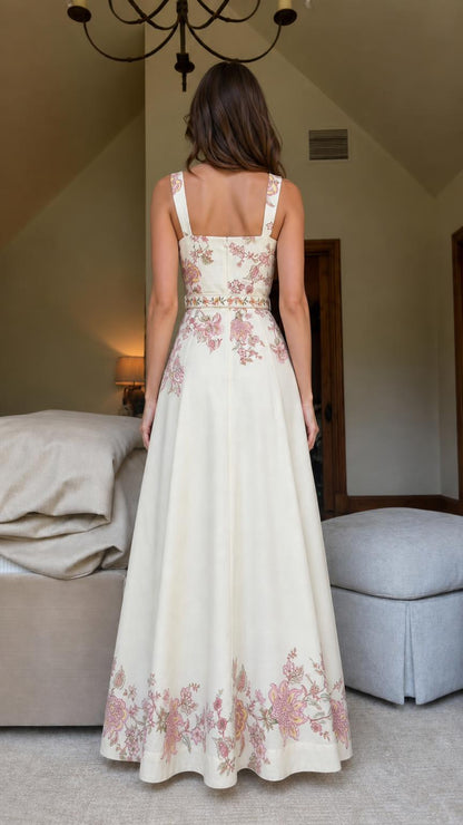 Back view of cream floral embroidered maxi dress