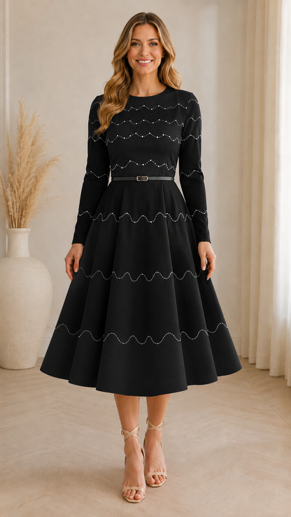 Front view of black scalloped detail long sleeve belted midi dress