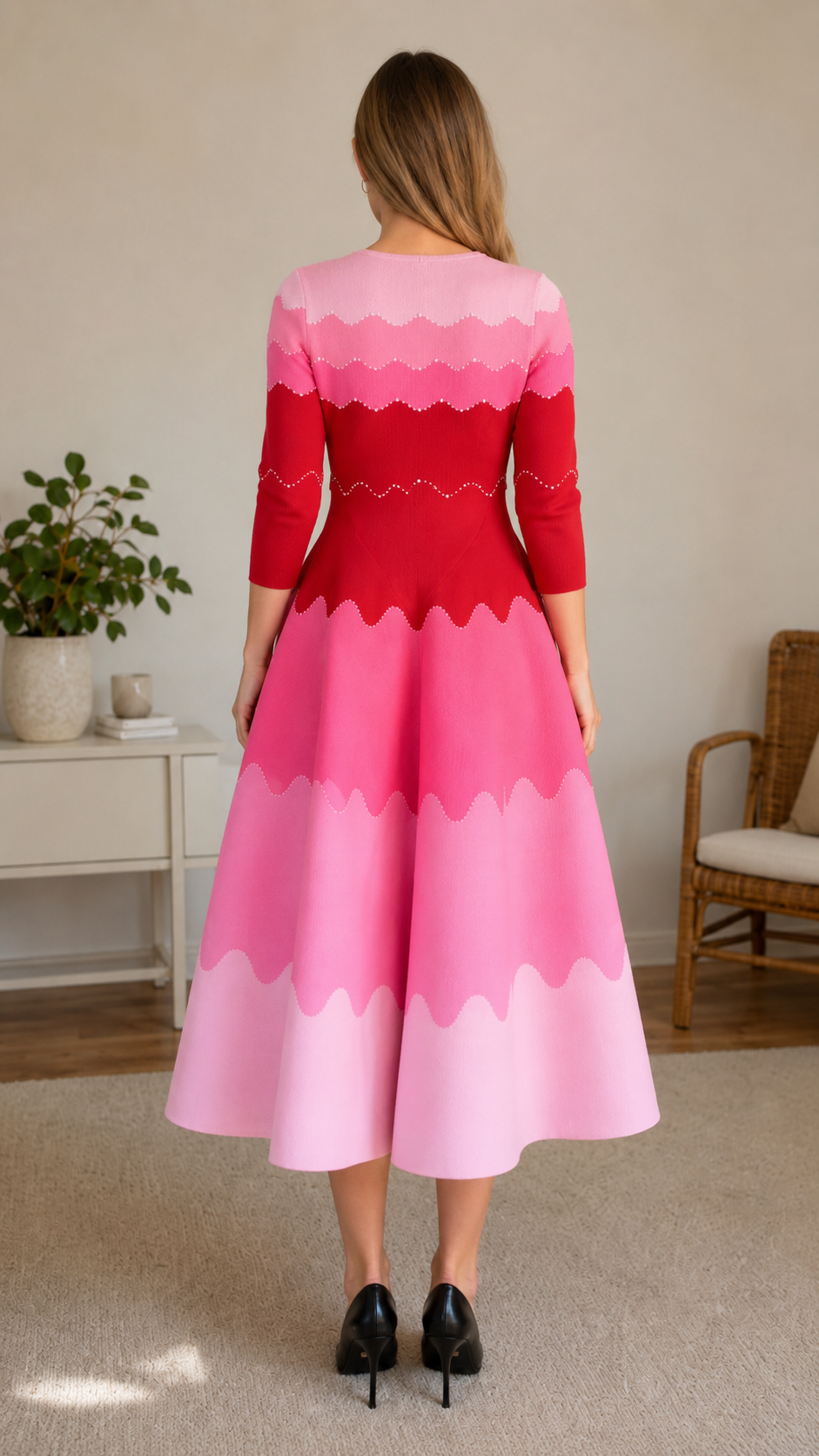 Back view of pink scalloped colorblock midi dress with 3/4 sleeves