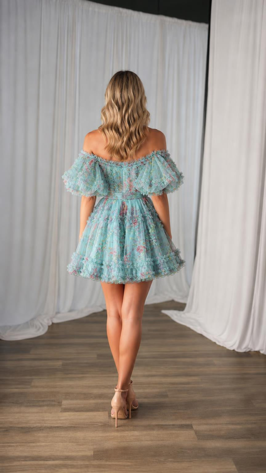 Back view of blue floral tulle mini dress