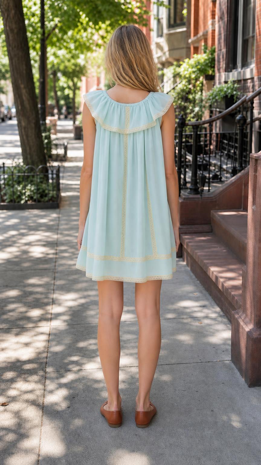 Back view of light blue ruffled mini dress