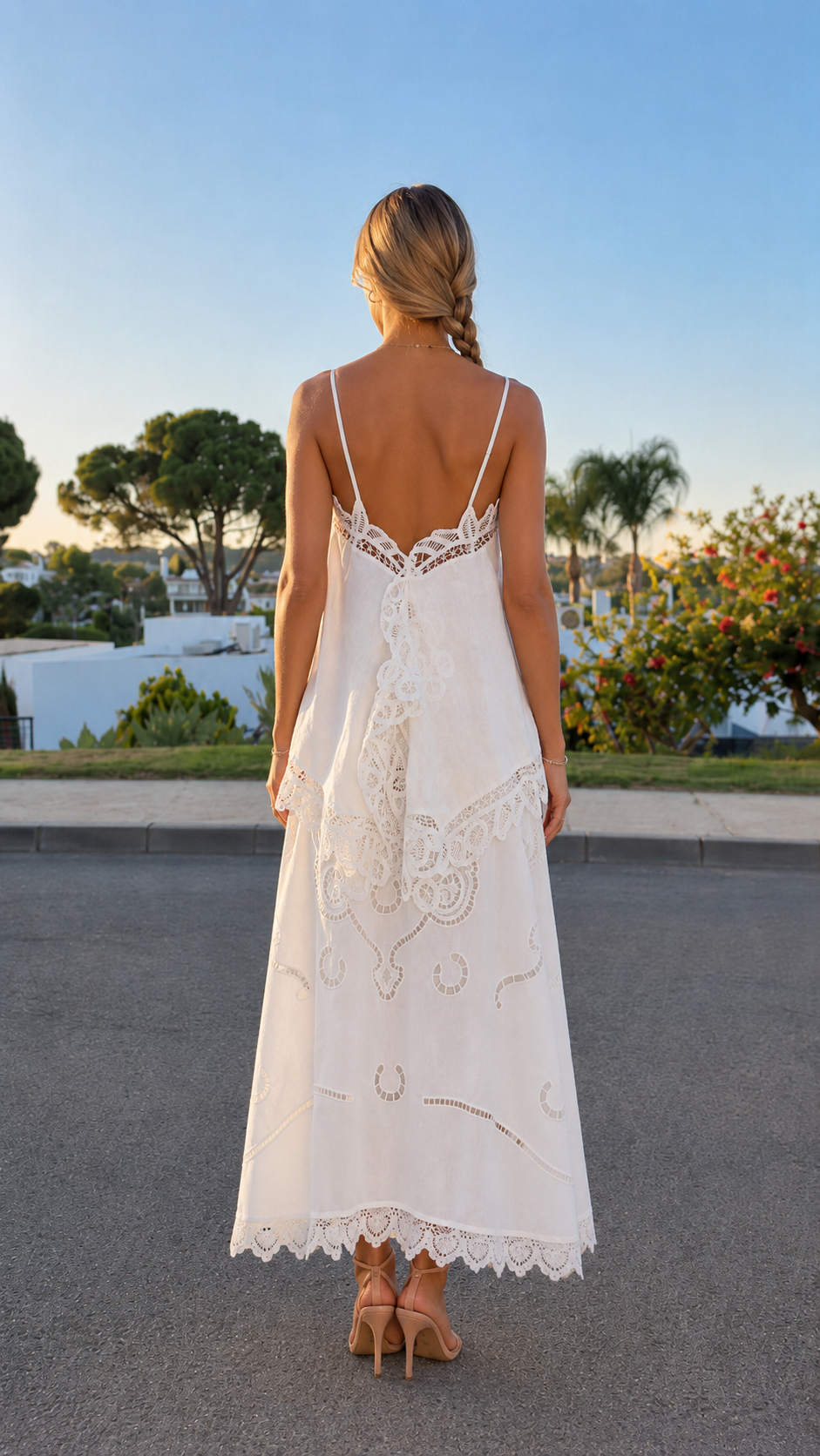 Back view of ivory lace trim cami maxi dress set with slim straps and open back detail