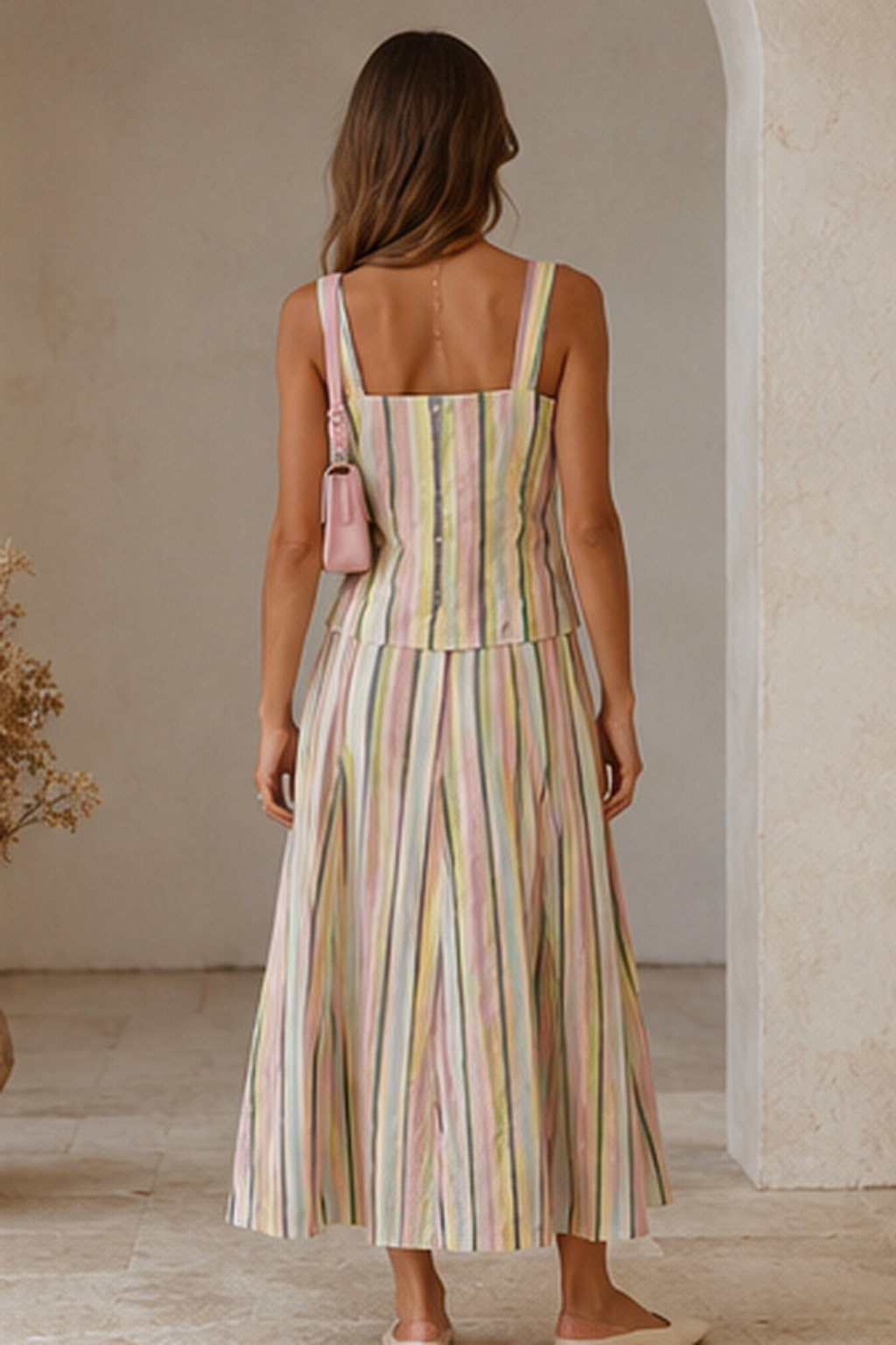 Back view of pastel striped two-piece wide-leg pants set