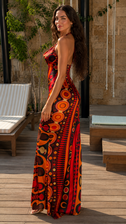 Side view of red abstract print backless halter maxi dress