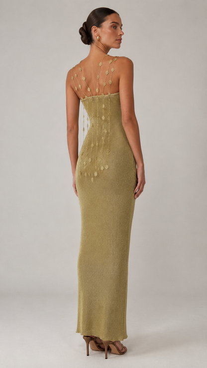 Back view of olive maxi dress with beaded strap detail