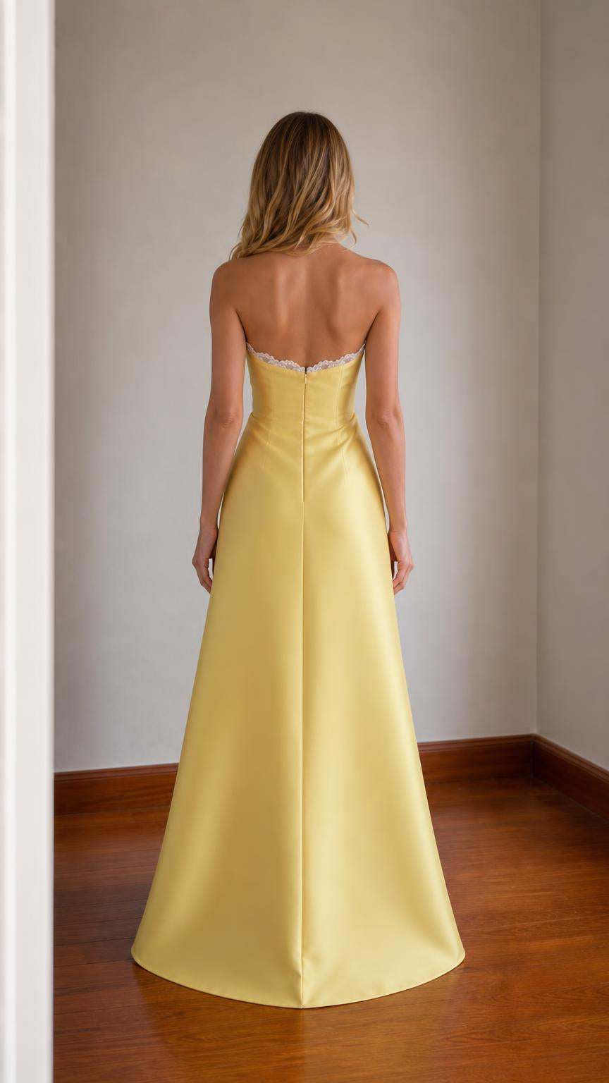 Elegance Strapless Lace Trim Satin Maxi Dress in yellow, back view
